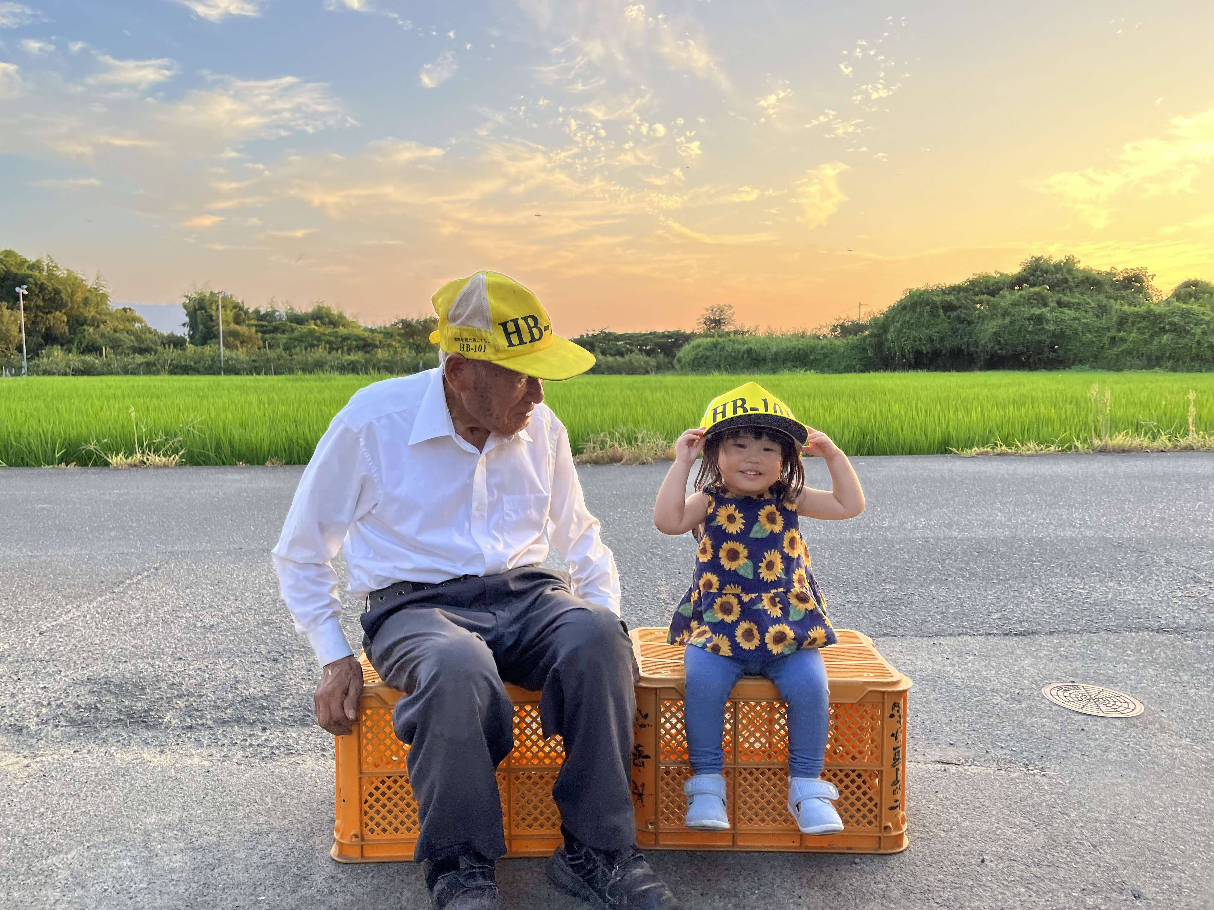 夏の夕暮れと祖父と娘の画像